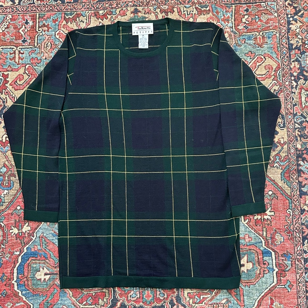 Vintage Talbots Merino Wool Green and Yellow Plaid Top Petite